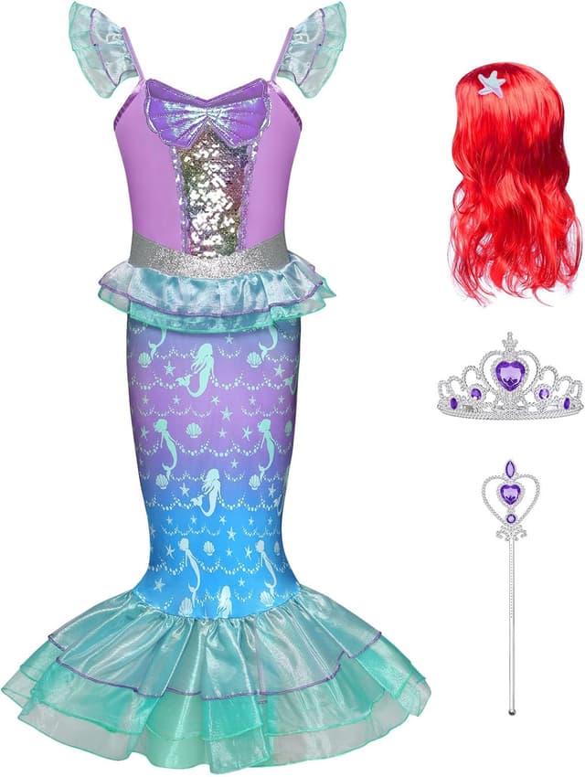 Detalle de AYBUY Vestito Principessa Sirena con parrucca e 3 accessori per cosplay, Halloween e Natale