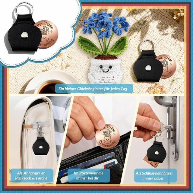 Detalle 2 de Giftota Abschiedsgeschenk für Kollegin: Pocket Hug Vergissmeinnicht mit Glücksmünze & Lederetui