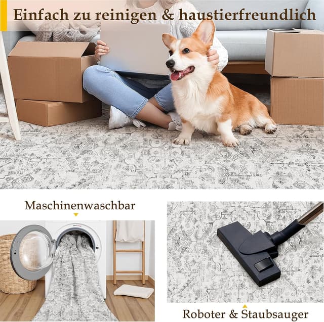 Detalle de PureCozy Vintage grauer Teppich für Wohnzimmer, Schlafzimmer & Büro (160 x 230 cm) – kurzflor, waschbar, rutschfest