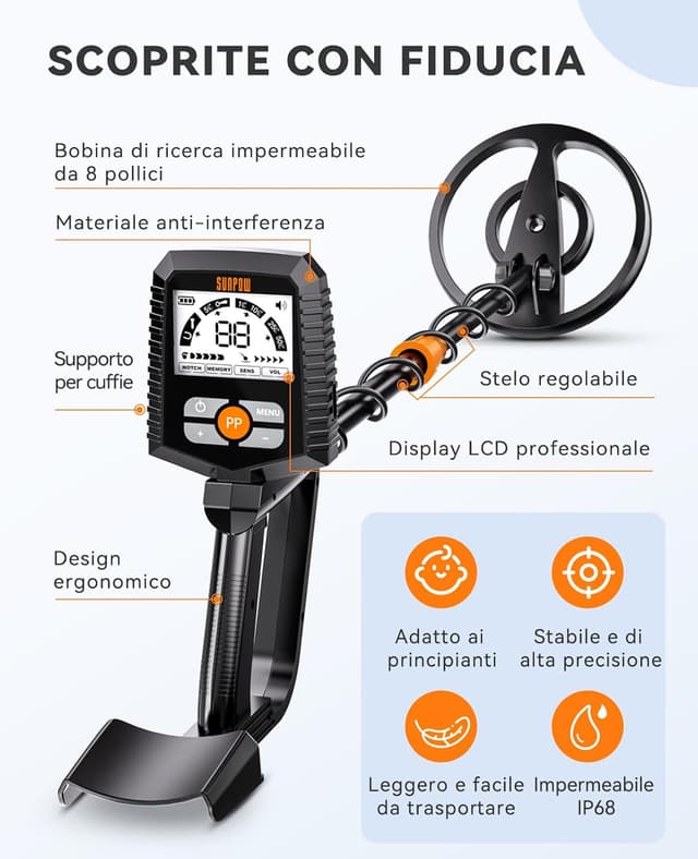 Detalle de SUNPOW MD13 metal detector professionale con bobina IP68, display LCD grande e 4 modalità (kit)
