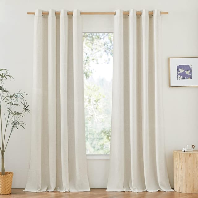 Detalle de PONY DANCE Leinen-Ösenvorhänge im Boho-Stil (2er-Set), halbtransparent, Beige – H 245 x B 140 cm