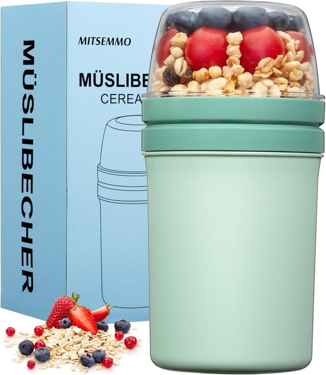 Detalle de Mitsemmo Müslibecher to Go 600 ml + 270 ml (Joghurtbox mit Löffel, Nordic Grün)