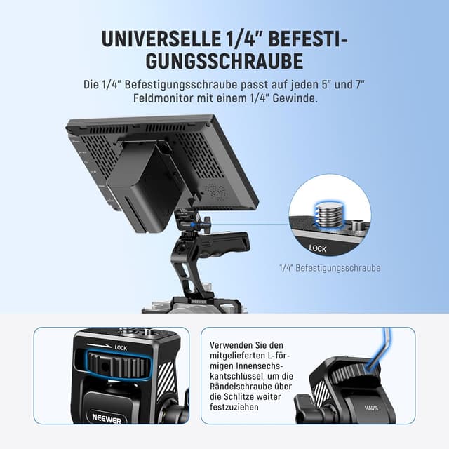 Detalle de NEEWER Fieldmonitor-Halterung mit Cold-Shoe-Adapter (360° drehbar, 180° neigbar) für 5"/7" Monitore