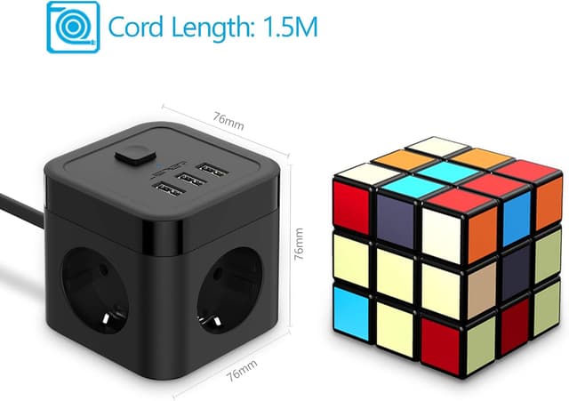 Detalle 2 de JSVER Steckdosenleiste Cube Würfel mit 3 USB, 3680 W und 1,5 m Kabel – kompakt für Büro, Zuhause & unterwegs