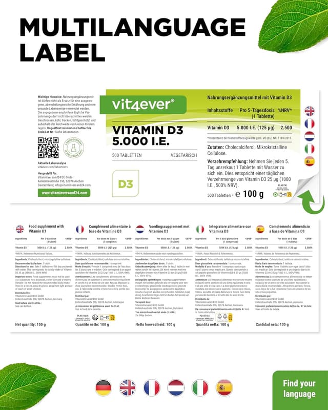 Detalle 2 de Vit4ever Vitamin D3 5000 I.E. Depot – 500 Tabletten (5-Tages-Dosis, vegetarisch)