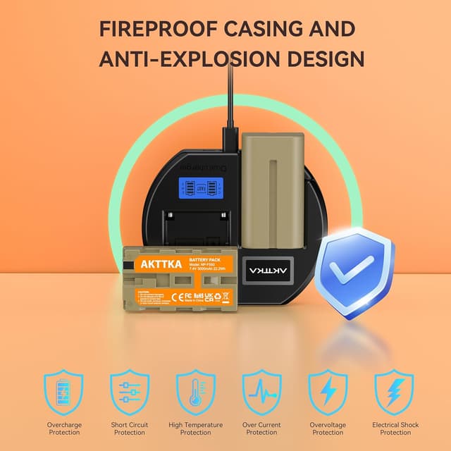 Detalle de AKTTKA NP-F550 Akkus 3000 mAh (2er-Pack) + PD18W Dual-Slot-Schnellladegerät mit USB‑C