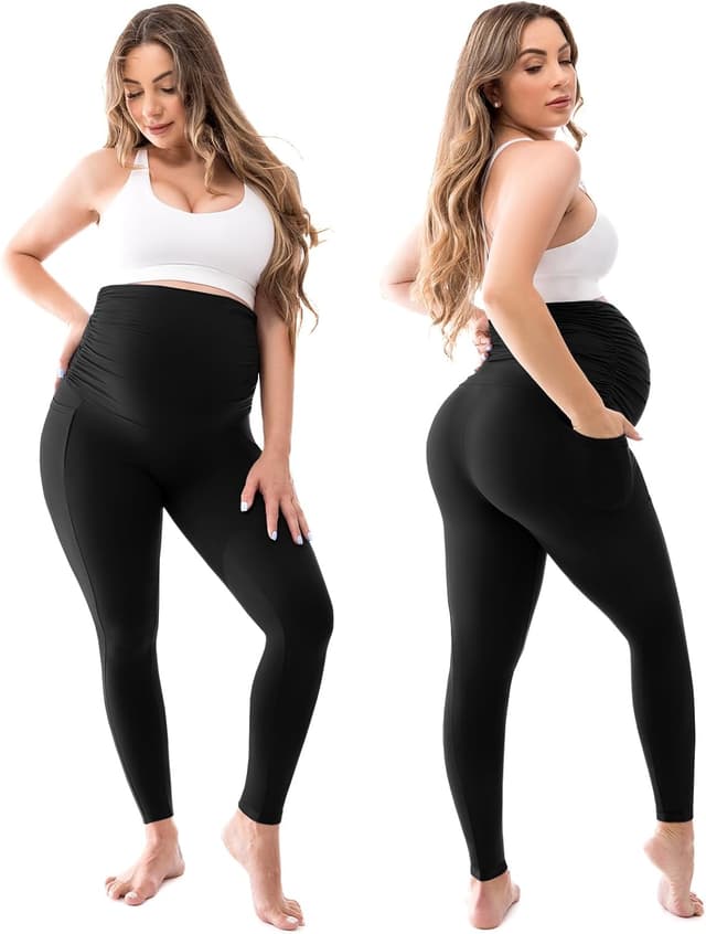 Detalle 2 de Walifrey Women’s Maternity Leggings with Pockets (Over-the-Belly) for Pregnancy Yoga & Workouts
