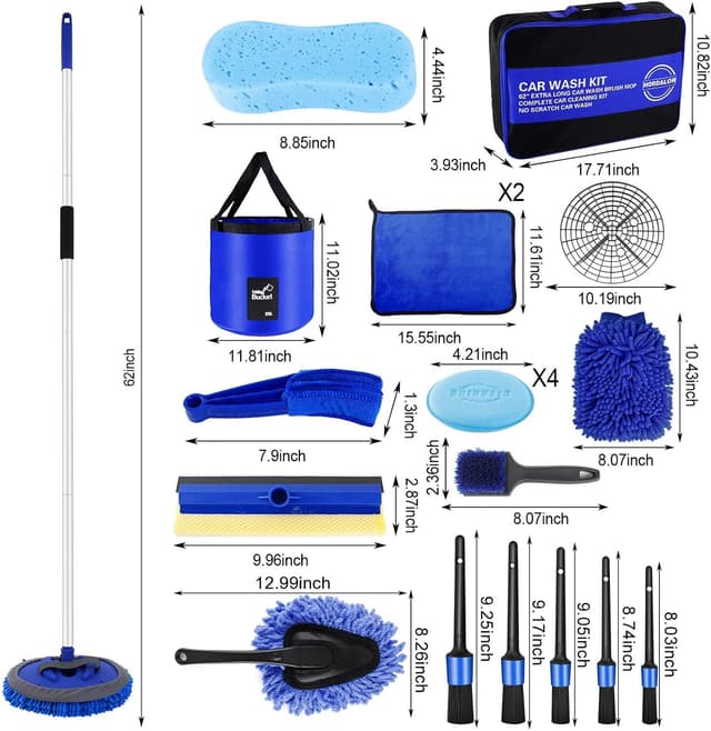 Thumbnail 6 de 21Pcs Car Wash Kit with 62" Car Wash Brush Mop, Bucket Filter, Squeegee & Detailing Brushes (Blue)