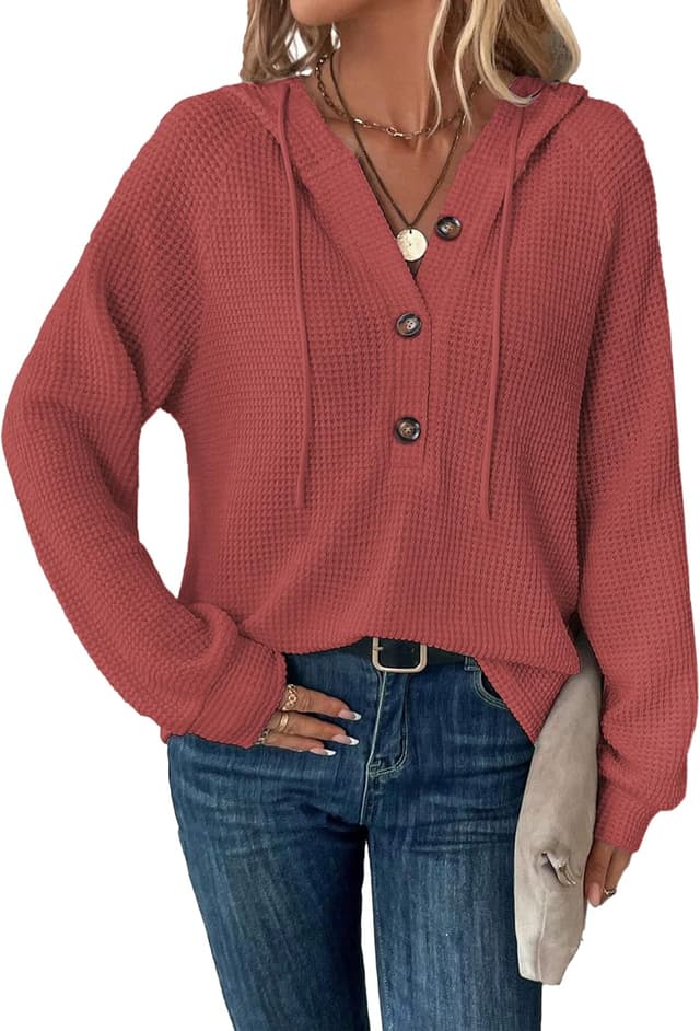 Detalle de SENBATU sweat à capuche femme à manches longues, col en V boutonné et cordon