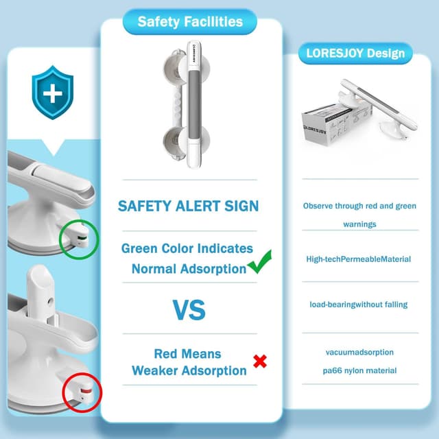 Detalle de LORESJOY Duschgriff mit Saugnapf – abnehmbarer Haltegriff für Dusche & Badewanne, max. 110 kg, ohne Bohren