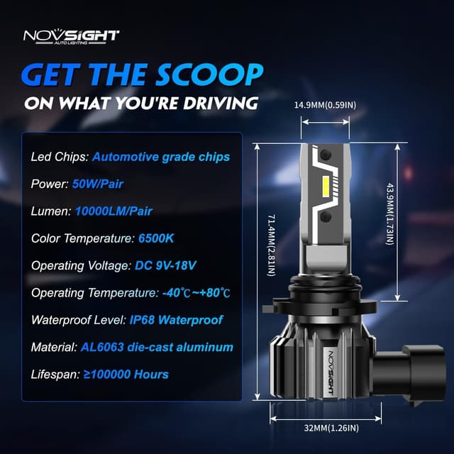 Detalle de NOVSIGHT 9006 HB4 LED Light Bulbs (Pack of 2) 6500K Cool White for Fog Lamps