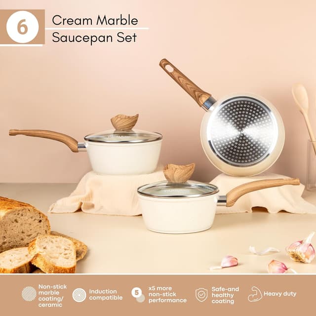 Thumbnail 6 de Nuovva Cream Granite 3-Piece Non-Stick Saucepan Set (16cm, 18cm, 20cm) with Lid – Induction compatible