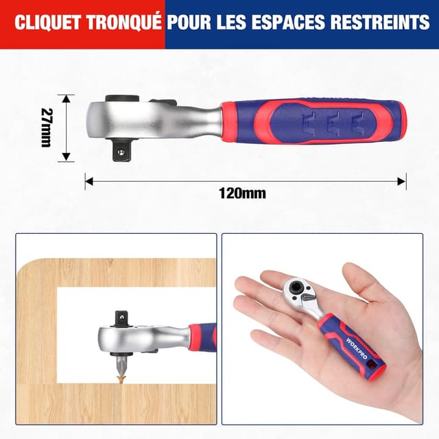 Detalle de WORKPRO Coffret de douilles et embouts 42 pièces, mini clé à cliquet 1/4" double tête 2-en-1