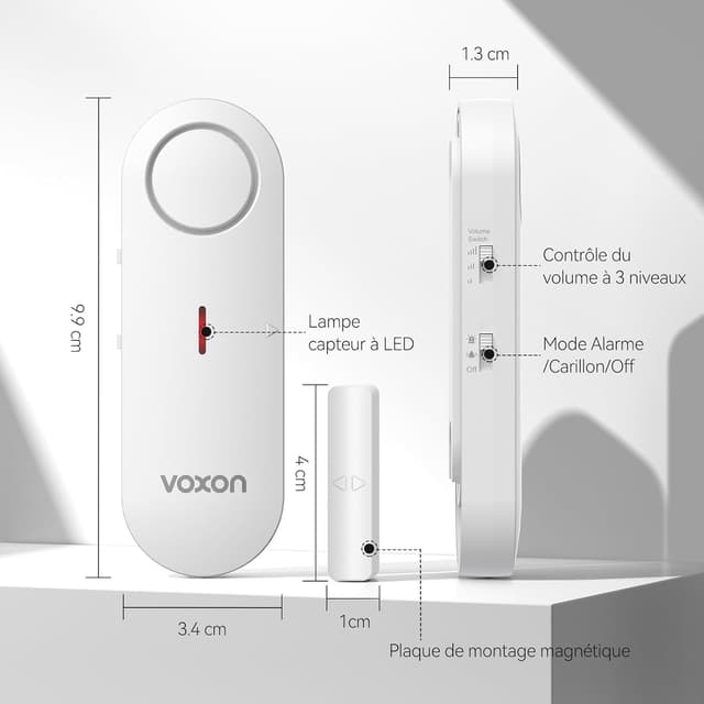 Thumbnail 6 de VOXON alarme maison sans fil pour porte et fenêtre (lot de 2 détecteurs, contrôle volume 3 niveaux, 98 dB)