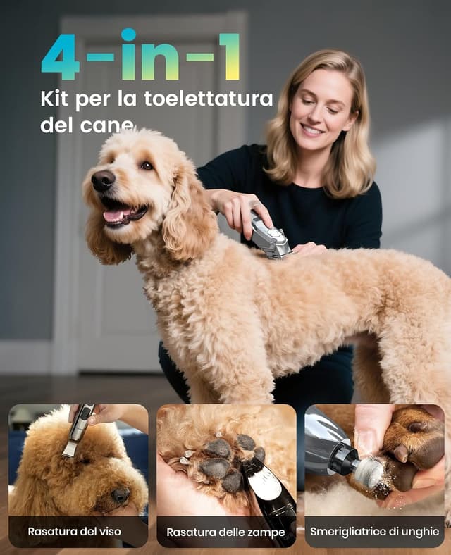 Detalle de oneisall 4 in 1 Tosatrice per cani (pelo folto/denso), silenziosa, tagliaunghie e limatrice, batteria fino a 4 ore