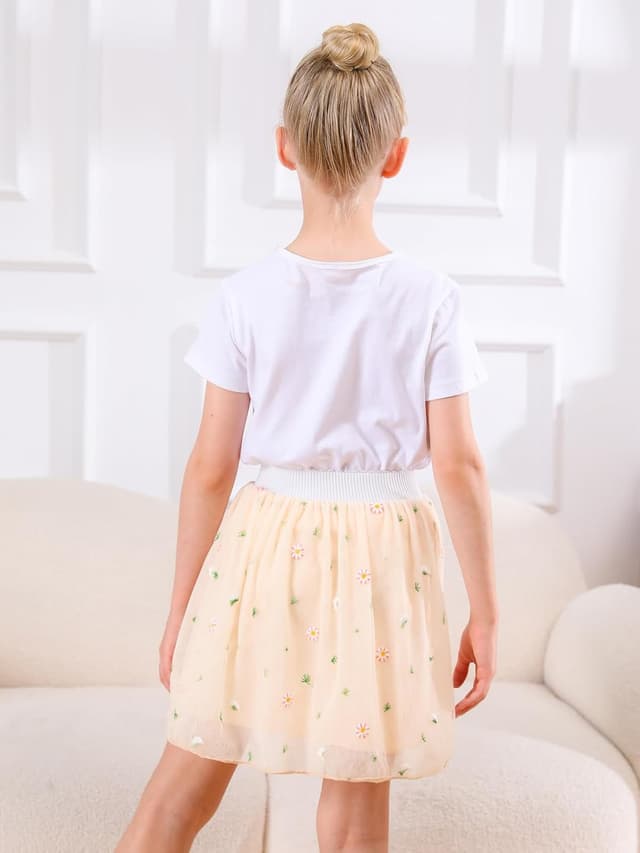 Detalle de Bezioner Girls’ Embroidered Tulle Skirt (4 Layers, Floral) with Lining