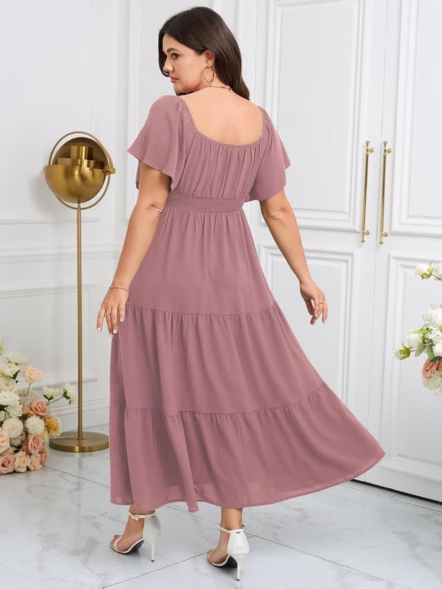 Detalle de SCOMCHIC Women’s Plus Size Maxi Dress with Square Neck & Smocked Side Split