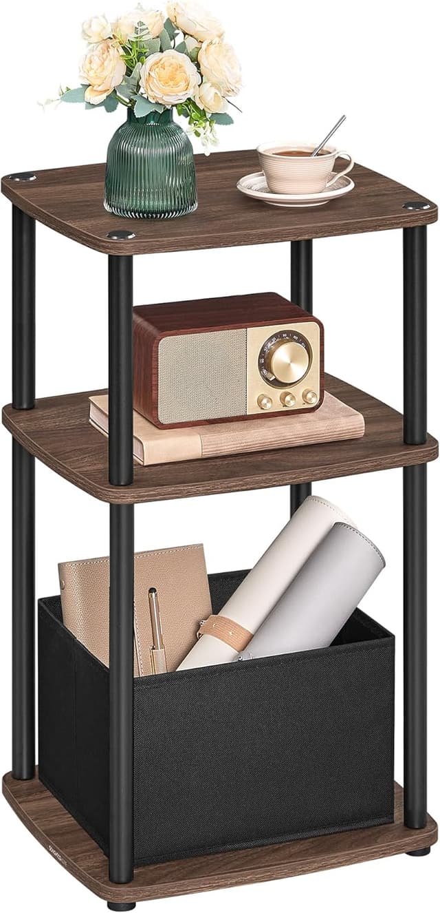 Detalle de SONGMICS HOME Tavolino/Comodino con 3 ripiani e cestino in tessuto LET286K01, noce naturale, 30 x 34 x 58 cm