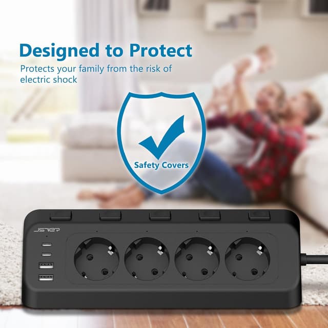 Thumbnail 6 de JSVER Desktop-Steckdosenleiste mit USB‑C-Ecksteckdose, 4-fach (2× Type‑C, 2× USB‑A) und Einzelschaltern