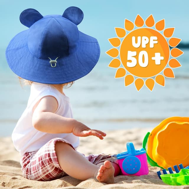 Detalle de DRESHOW Baby Sun Hat (UPF 50+) Toddler Wide Brim Bucket Cap with Chin Strap & Bear Ears