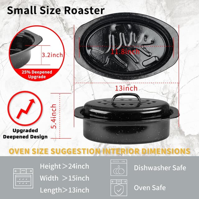 Detalle de JY COOKMENT Granite Roaster Pan (Small, 13") with Domed Lid – Enamel Enameled Oval Roasting Pot for Small Turkey/Chicken