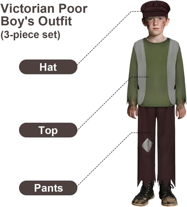 Detalle de DiULi Costume victorien pauper 3 pièces enfant (4 à 12 ans) avec pantalon et capuchon
