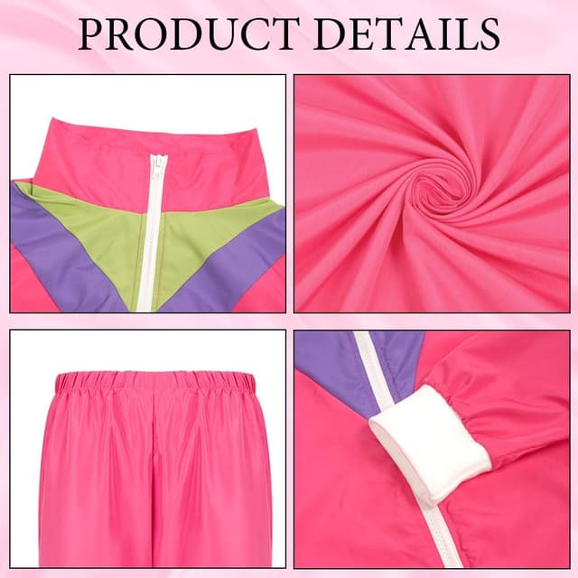 Detalle de Déguisement années 80 Aomig : survêtement disco rétro avec veste et pantalon (rose/rouge, taille M)