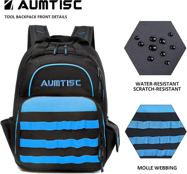 Detalle de AUMTISC Sac à dos pour outils d’électricien avec organisateur multi-poches (bleu)