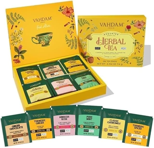 Detalle de VAHDAM Surtido de Infusiones Navideñas ☕ 36 Sobres, Caja Regalo