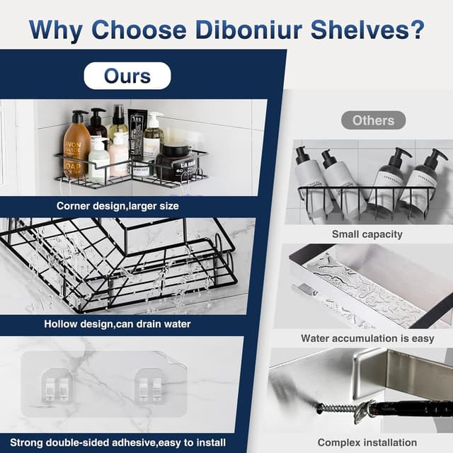 Detalle de Diboniur Mensola doccia angolare senza foratura con 8 ganci e organizer a appendere (2 pezzi) in acciaio inox, nero