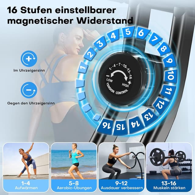 Detalle de VANNECT Heimtrainer Fahrrad klappbar mit 16 Stufen Magnetwiderstand, Pulssensor & Transportrollen (Fitnessbike für Zuhause/Büro)