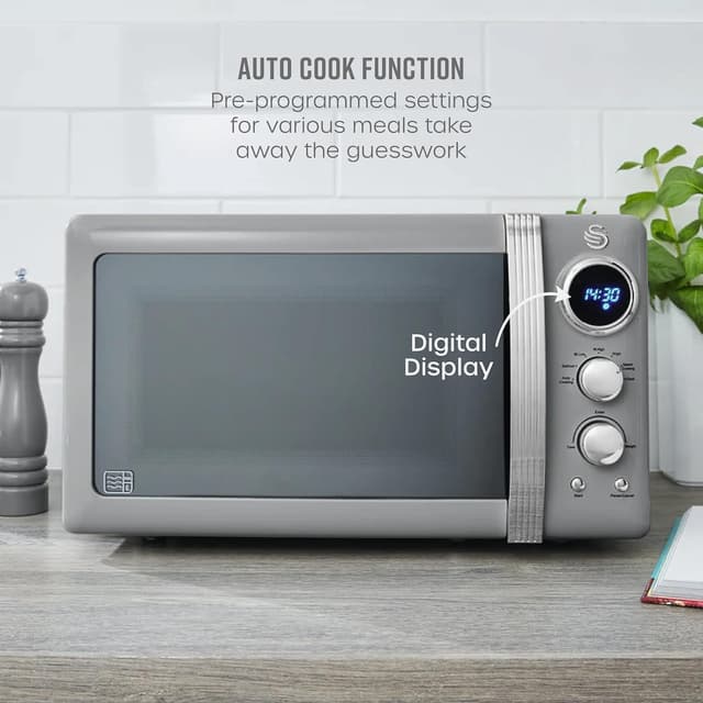 Detalle 2 de Swan Retro LED Digital Microwave Grey, 20L (800W) with Defrost Setting, SM22030LGRN