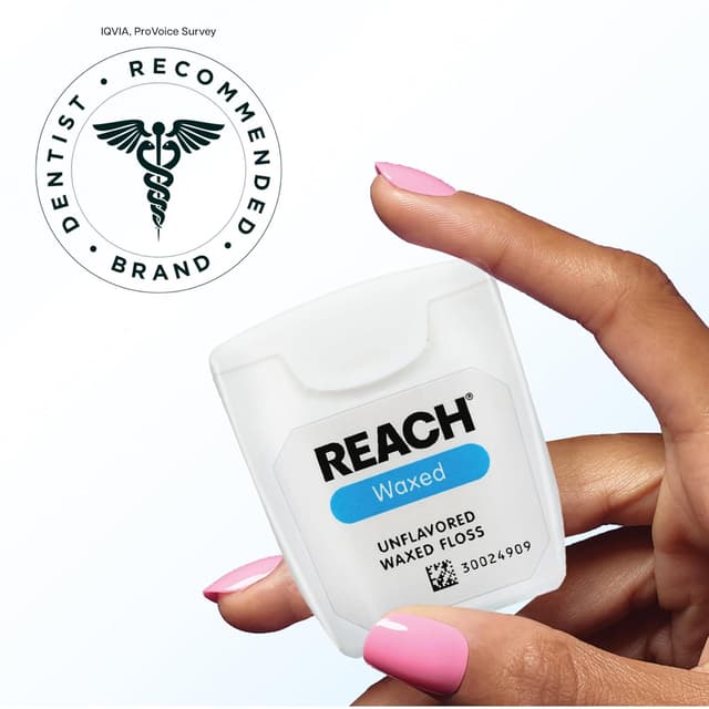 Detalle de Reach Waxed Dental Floss (Unflavored) — Plaque Remover, Shred-Resistant, Smooth Glide, PFAS Free (55 yd)