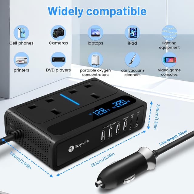 Detalle 2 de 8 in 1 200W Car Power Inverter (12V to 240V/230V) with 2 AC Sockets, 4 USB & 2 Type-C
