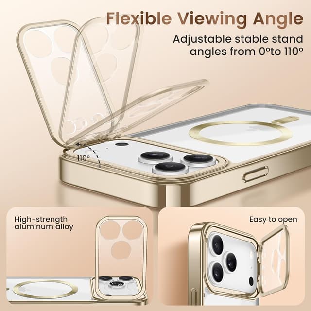 Detalle de GolbinBox for iPhone 17 Pro Case with Stand (MagSafe) and Camera Control, Gold/Clear