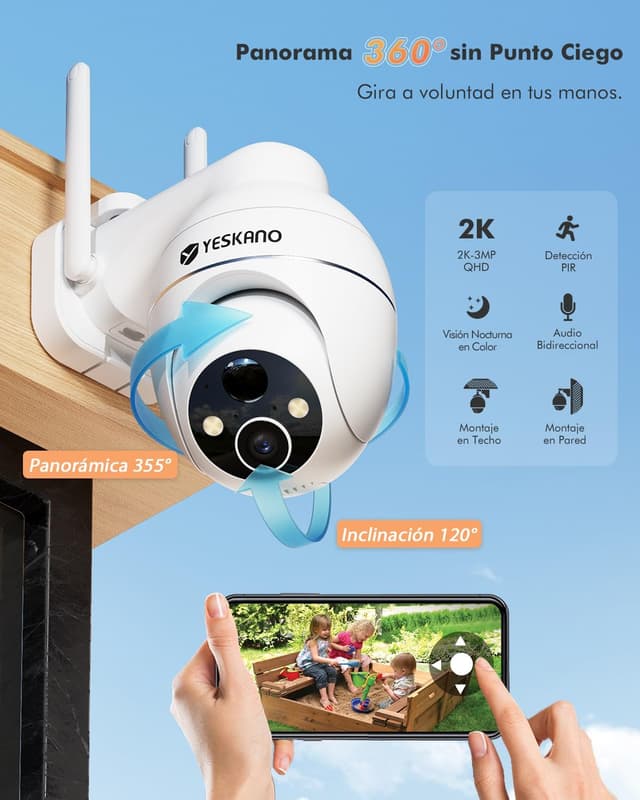 Detalle de YESKANO Cámara Exterior Solar WiFi 2K con PTZ y Visión Nocturna