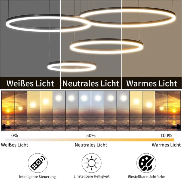 Thumbnail 2 de Mikeru Runde 4‑Ringe-Pendelleuchte mit 10–100% Dimmer und 3 Farbtemperaturen (30+40+60+80 cm)