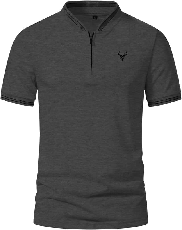 Detalle de PCEAIIH Men’s Henley Zip Stand Neck T-Shirt with Deer Head Embroidery