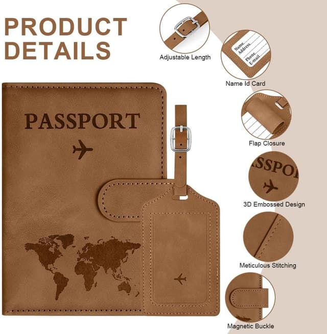 Detalle de OFFCUP Passport Holder Cover & Luggage Tag Set with RFID Blocking (PU Leather) – Brown