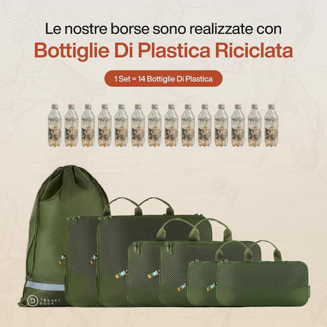 Detalle de TRAVEL DUDE Organizer valigia con compressione e packing cubes (set da 7) Verde Foresta