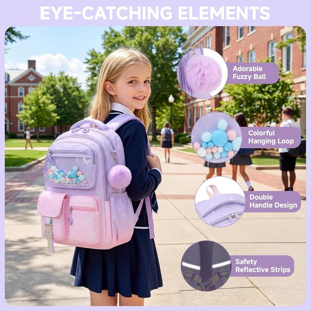 Detalle de Amythe Zainetto Bambina ergonomico riflettente 20L per scuola elementare e media (rosa-viola) con ciondoli