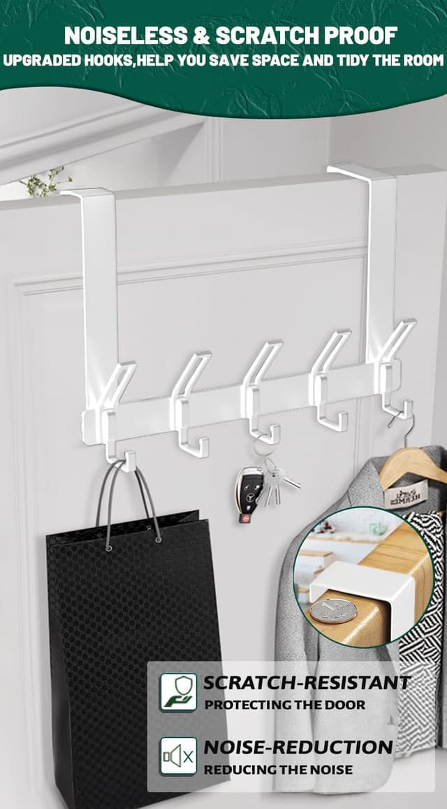 Detalle de MIVITOOM Over The Door Hook Hanger with 5 Coat Hooks (White) – space-saving storage for doors
