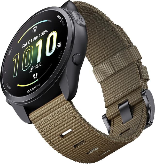 Detalle de EKINGEEK 20mm Quick Release Nylon Watch Strap for Garmin Vivoactive 5/6, Forerunner 55/165/255 & Venu Sq 2 (Khaki/Black)