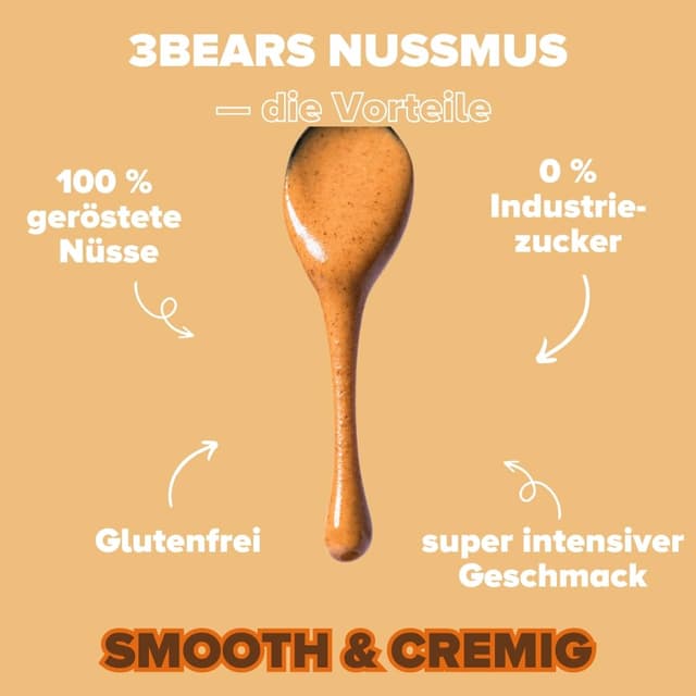 Detalle de 3Bears Mandelmus (100% geröstete Nüsse) – glutenfrei & vegan, cremig und intensiv, 4 x 250 g