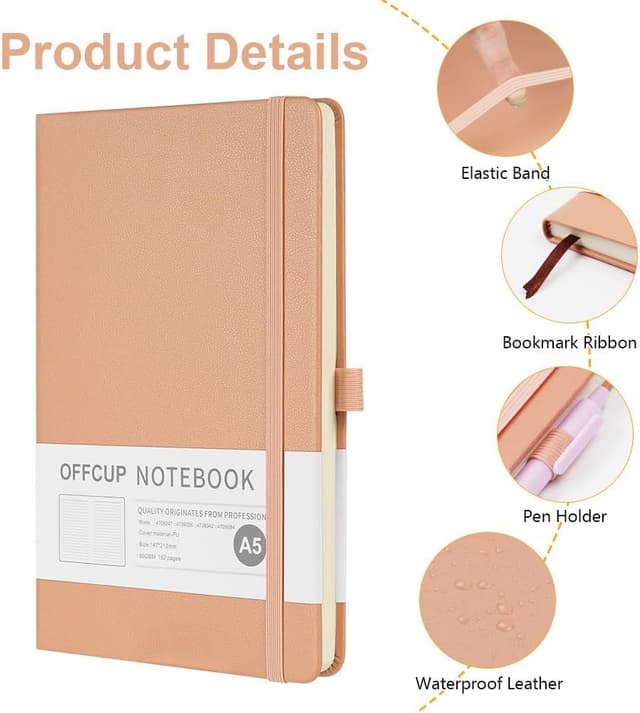 Detalle de OFFCUP Carnet A5 ligné avec couverture rigide en cuir végétalien et élastique (192 pages)