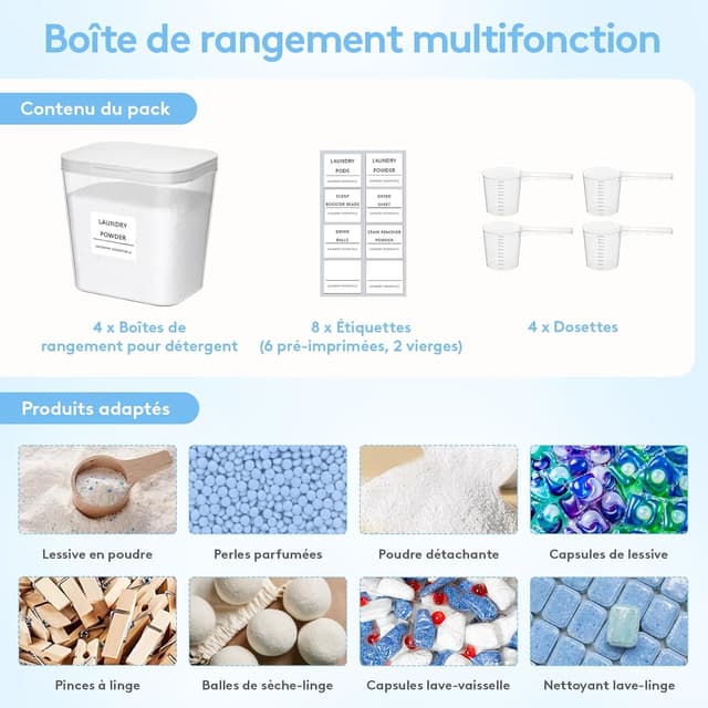 Thumbnail 6 de Lifewit lot de 4 boîtes de rangement pour lessive en capsules, poudre et accessoires (contenants transparents, étiquettes et cuillères, 2700 ml)
