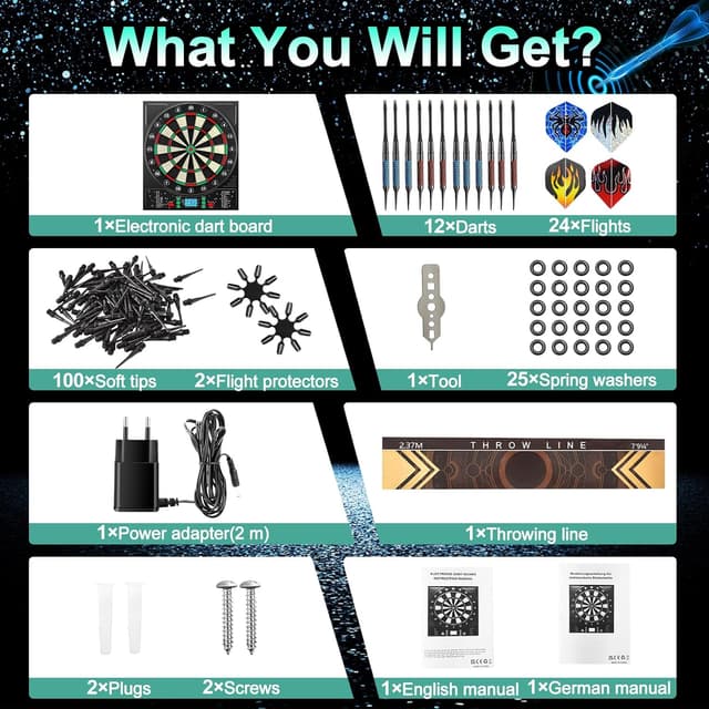 Thumbnail 4 de Mejasg elektronische Dartscheibe mit deutscher Ansage & LCD-Display, 34 Spiele/355 Variationen für 1–8 Spieler