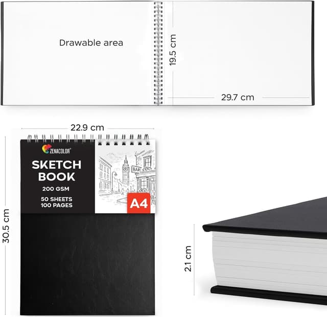 Detalle 2 de Zenacolor Sketch Book A4 Hardcover – 50 Sheets (100 Pages) of 200gsm Thick Paper, Spiral Bound