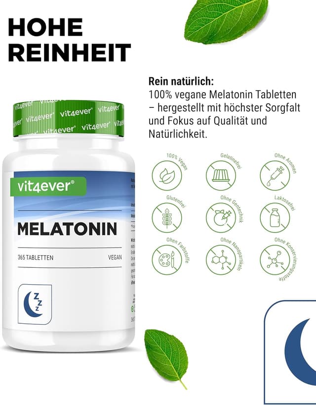 Detalle de vit4ever Melatonin 0,5 mg (1/2 Tablette) – 365 Tabletten, vegan