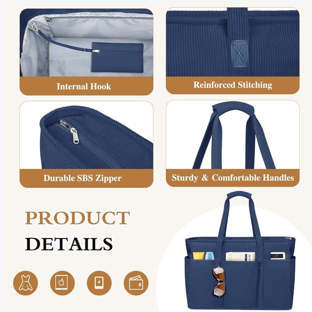 Detalle 2 de JUYANO Cord Handtasche XXL – XXL-Strandtasche mit Reißverschluss, Nassfach und 12 Fächern